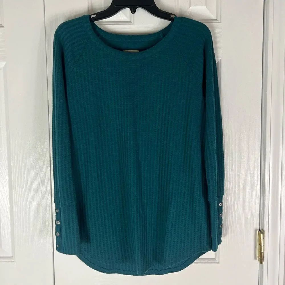 CHASER Teal Waffle Knit Button Detail Sleeve Top L